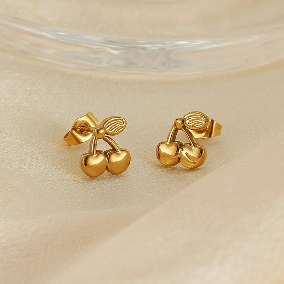 Dainty Cherry Gold Plating over Stainless Steel Ear Studs - Picture 3 of 7